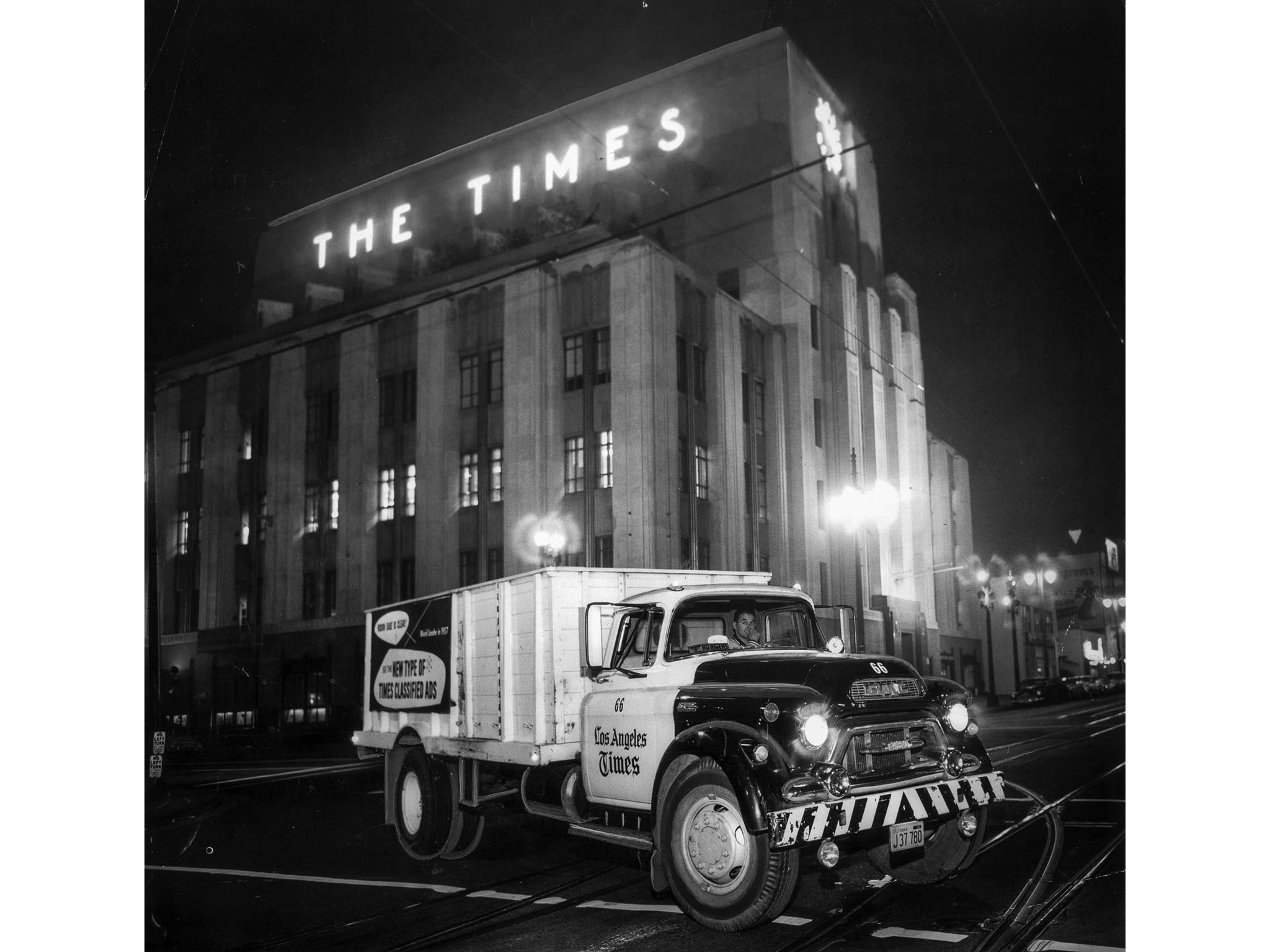 Dec. 1, 1957: Los Angeles Times truck, one of a fleet of 70, leaves the Times building with five ton