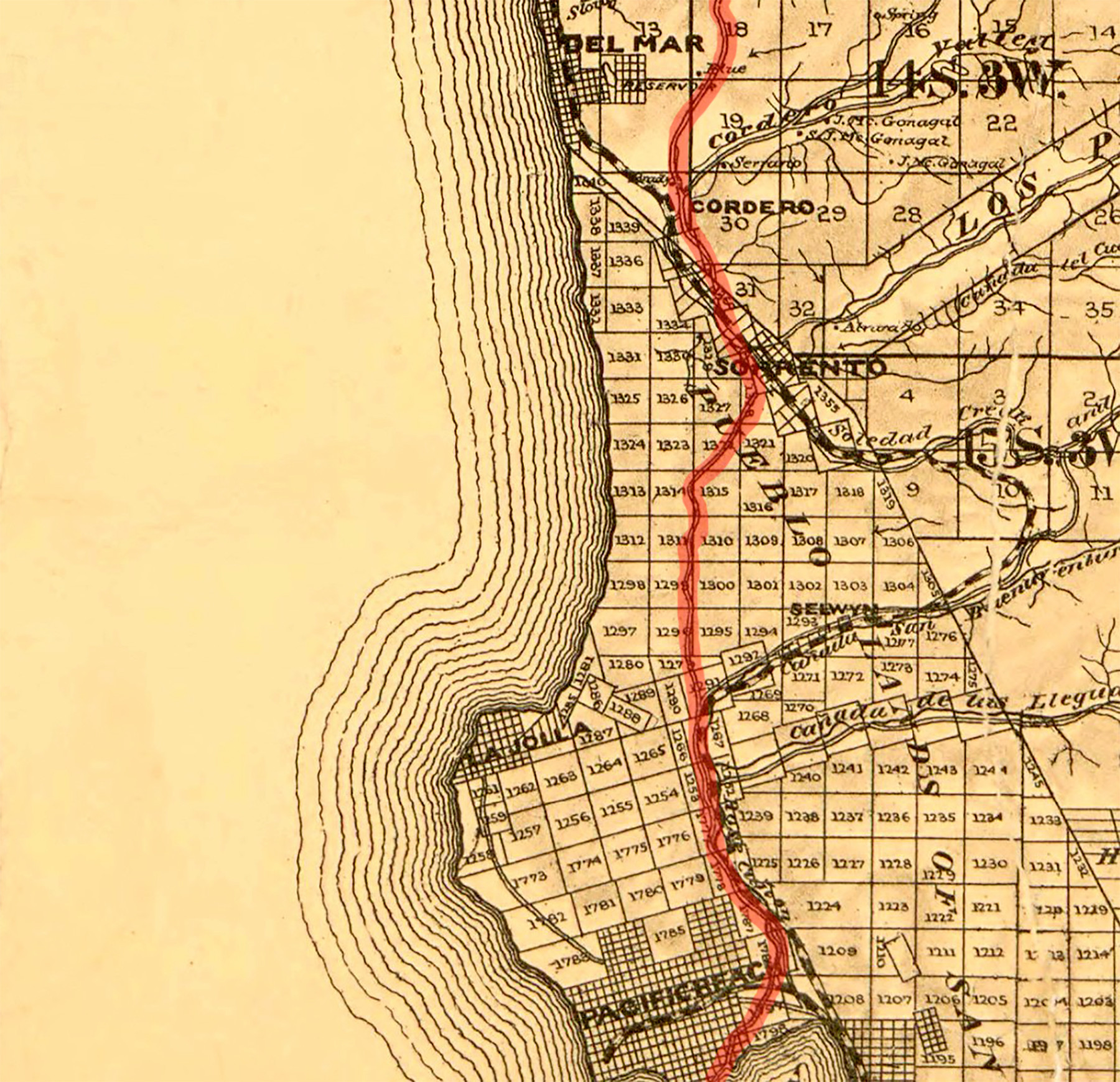 This official survey map of San Diego County was drawn in 1889 by T.D. Beasley, with the old stagecoach road highlighted in red by La Jolla Light graphic designer Daniel Lew.