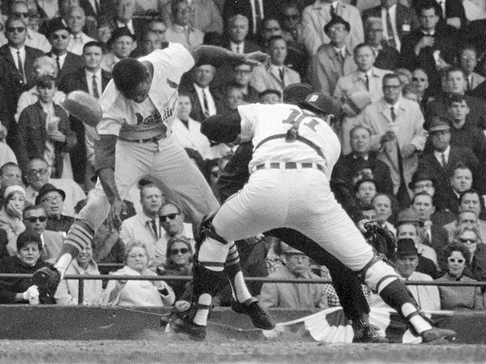 The St. Louis Cardinals' Lou Brock is tagged out by Detroit Tigers catcher Bill Freehan in Game 5 of the 1968 World Series.