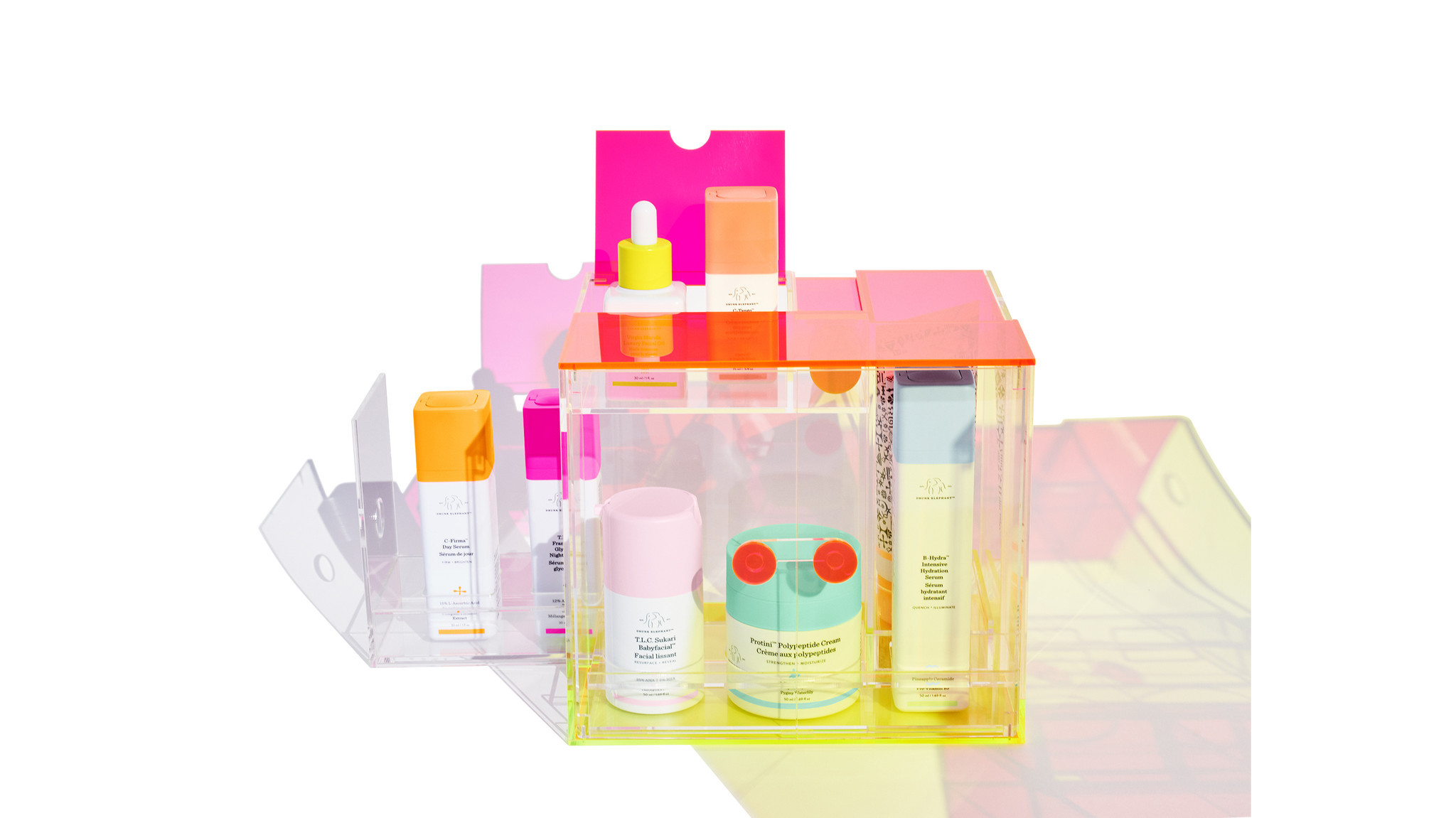 Drunk Elephant?s The Trunk gift set in an acrylic cube with clean, cruelty-free cleanser, day and ni