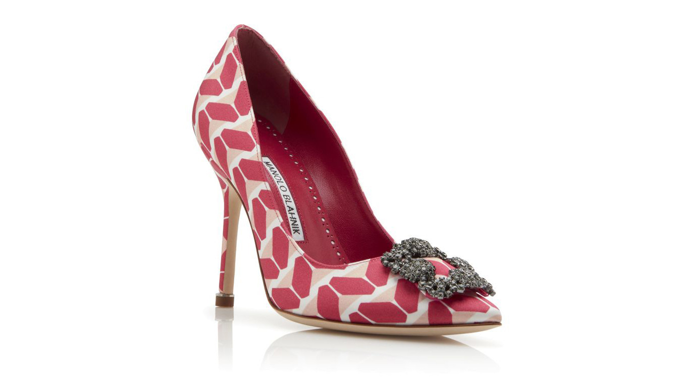 Manolo Blahnik limited-edition Cosmo-print Hangisi satin pumps with jeweled buckle, $1025 at Saks Fi