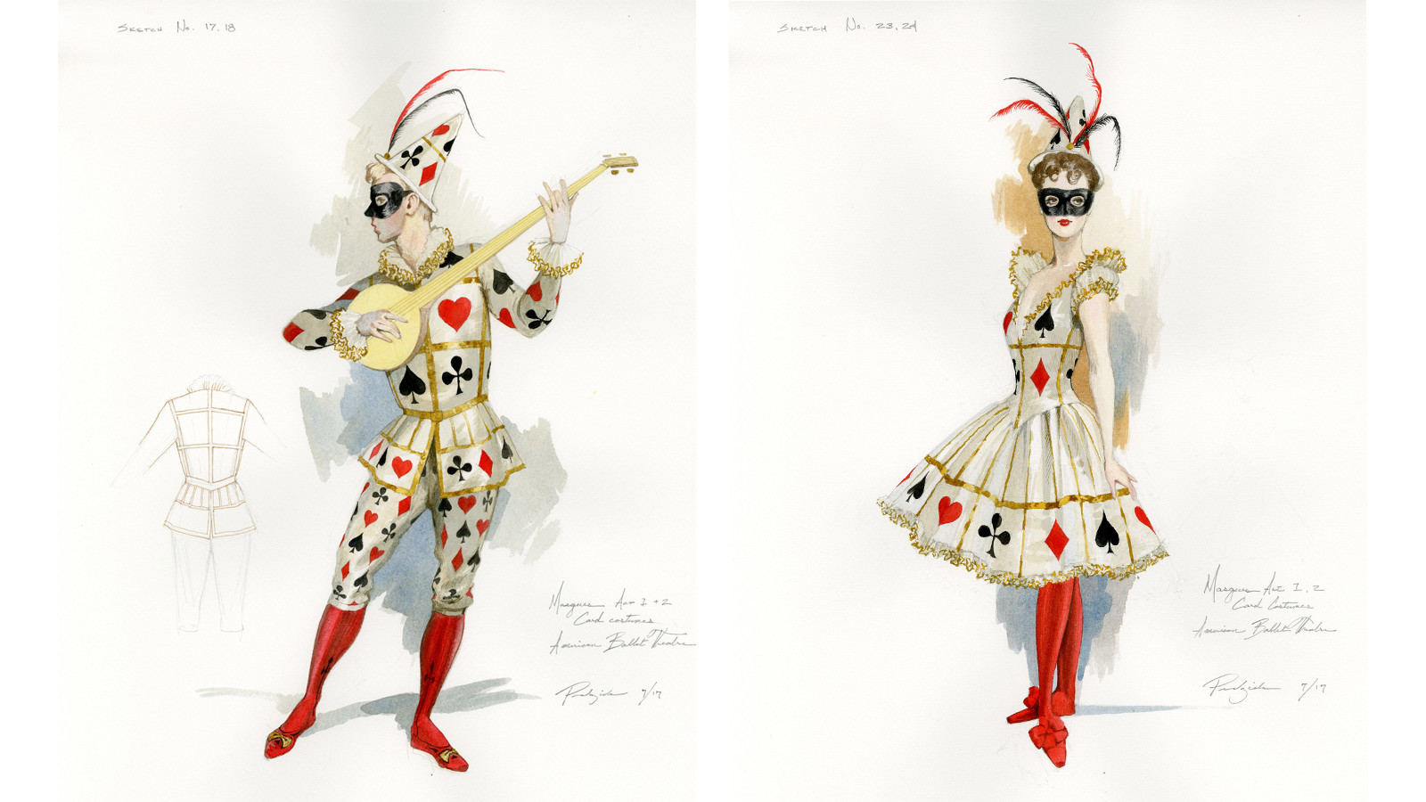Robert Perdziola's sketches for the Card Man and Card Lady in American Ballet Theatre's "Harlequinade."