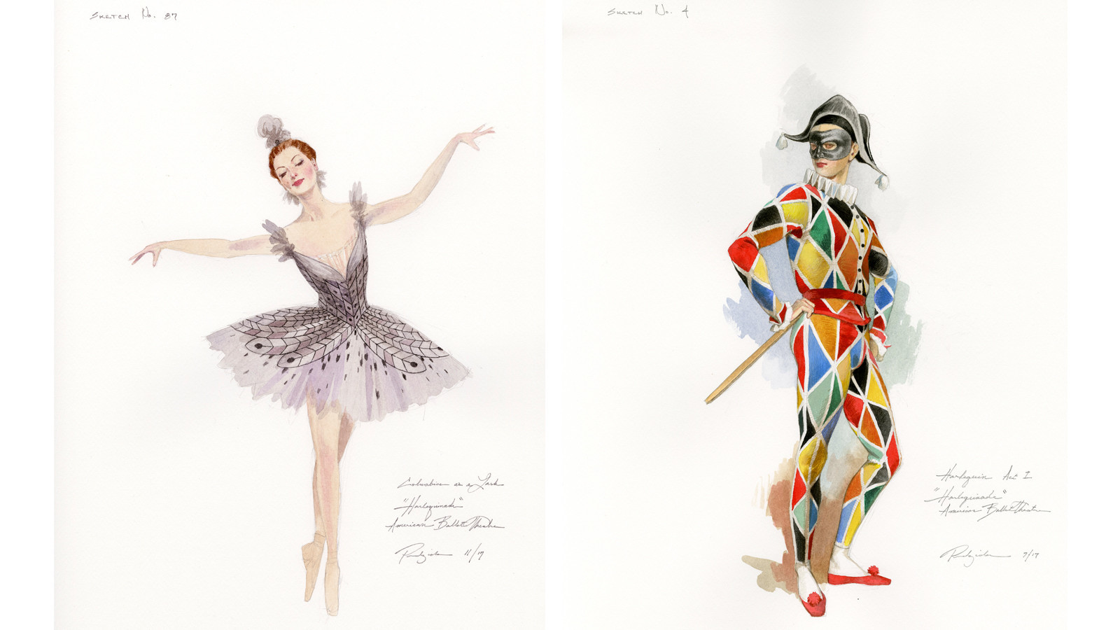 Robert Perdziola's sketches for the Columbine Lark and Harlequin costumes in American Ballet Theatre's 