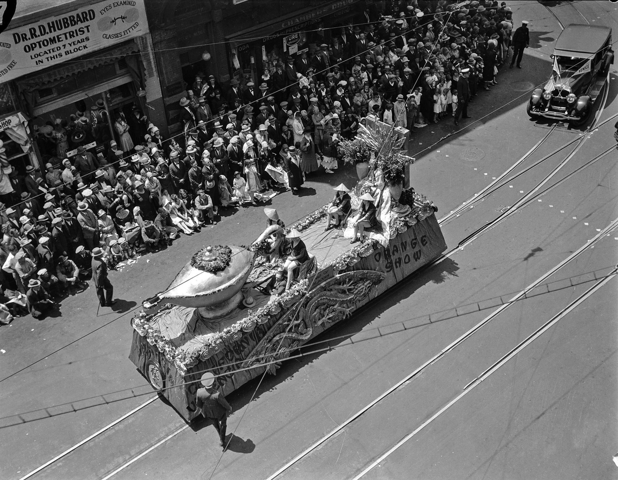 April 26, 1928: Anaheim is represented by an Aladdin lamp float in the Los Angeles City Hall Dedicat